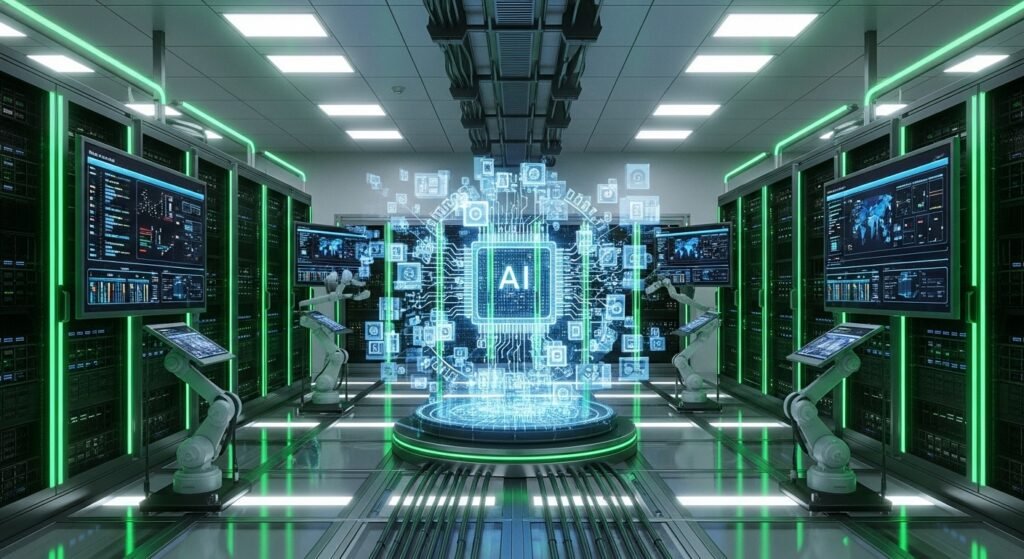 보안 장치가 완비된 현대적인 서버실에서 인공지능이 복잡한 확률 데이터를 연산하는 장면