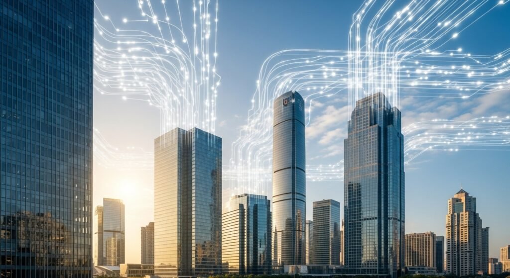 대한민국 네트워크 인프라의 중심인 가산 디지털단지 현대적 건물 전경