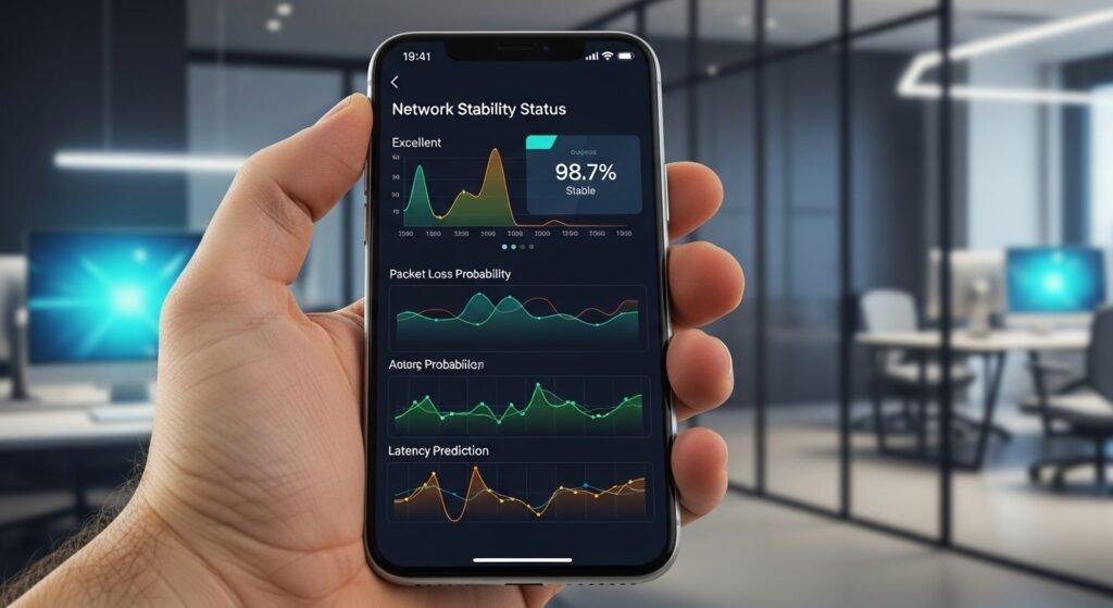 스마트폰 화면에 실시간 네트워크 연결 상태와 인공지능 분석 그래프가 선명하게 표시된 모습